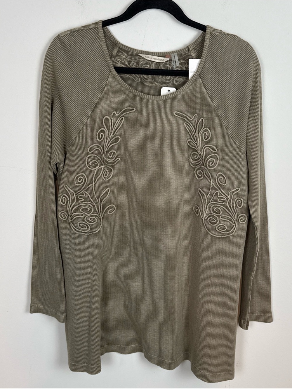 SOFT SURROUNDINGS Embroidered Waffle Knit Henley Thermal Shirt Top Large NWT